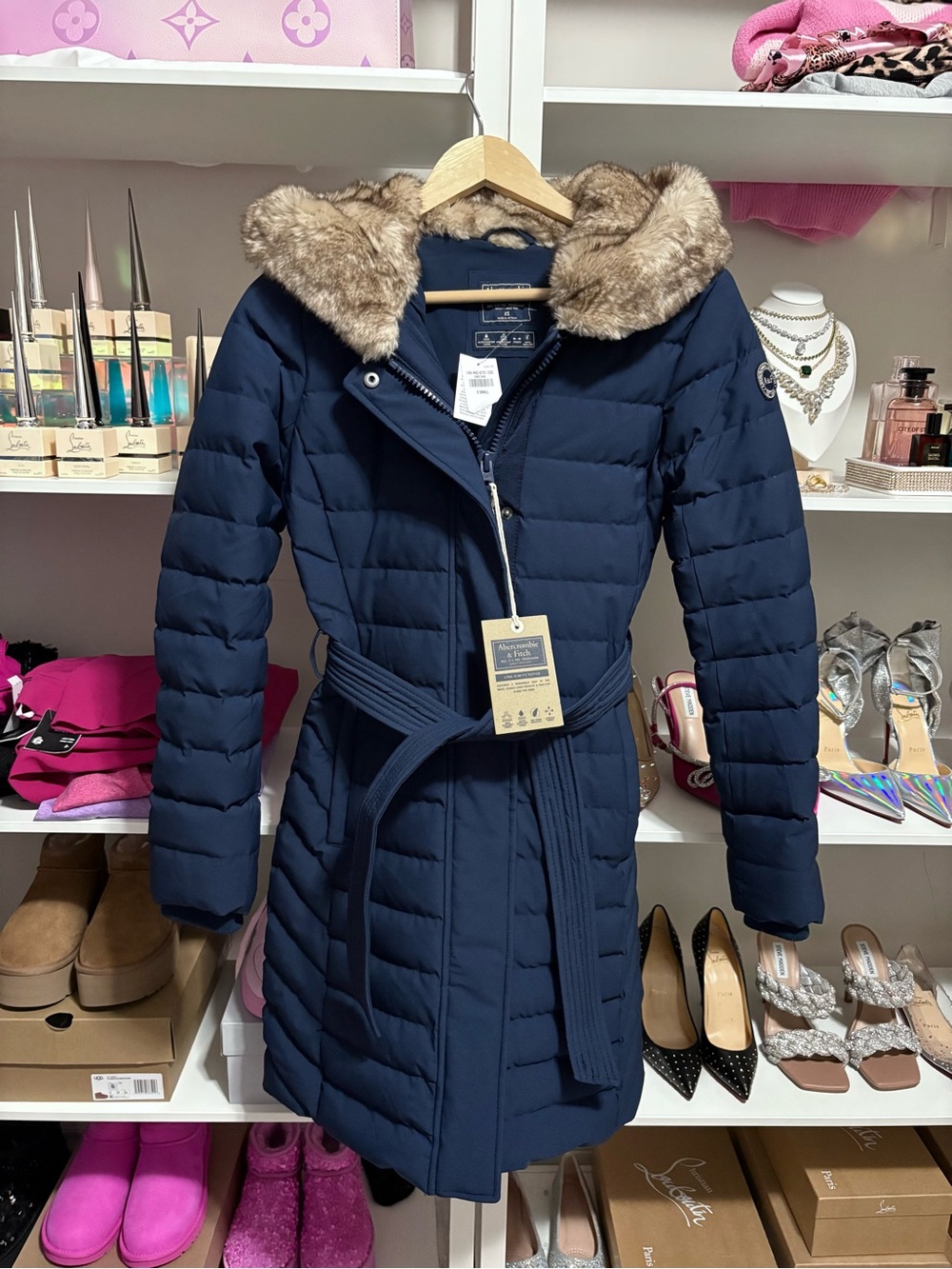NWT $398 Abercrombie & Fitch DOWN FILLED Winter Coat Y2K Faux Fur Hood Navy